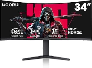KOORUI 34-inch Curved Ultrawide WQHD 3440×1440 Gaming Monitor, 165Hz 1000R- PIP/PBP, 1ms(MPRT), HDR400, DCI-P3 95%, FreeSync Premium, 1 x DP 1.4 & 2 x HDMI 2.0, Tilt Height Swivel Adjustment, 34E6UC