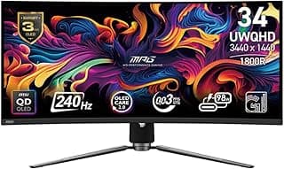 MSI MPG 341CQPX QD-OLED 34-inch Curved OLED Gaming Monitor, 3440 x 1440 (UWQHD), 0.03ms Response time, 240Hz, True Black HDR 400, HDMI, DP Port, USB Type C, Tilt, Height Adjustable