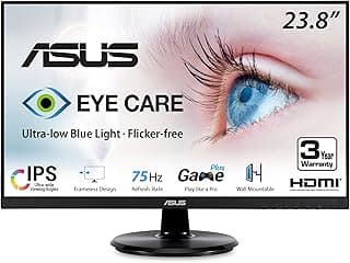 ASUS VA24DQ 23.8” Monitor, 1080P Full HD, 75Hz, IPS, Adaptive-Sync/FreeSync, Eye Care, HDMI DisplayPort VGA, Frameless, VESA Wall Mountable ,BLACK