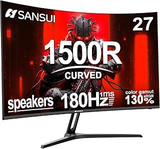 SANSUI 27 Inch Curved Gaming Monitor 180Hz 1ms with Speakers FHD 1080P Computer Monitor FreeSync|1500R|130% sRGB|HDR|Low Blue Light|HDMI DP Ports|VESA Mount|Metal Stand(ES-G27C1 HDMI Cable Included)