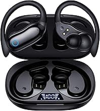 GNMN Ear Buds Wireless Earbuds 96hrs Playback Bluetooth Headphones IPX7 Waterproof Stereo Bass Over-Ear Earphones with Earhooks Microphone LED Battery Display for Sports/Workout/Gym/Running Black