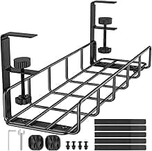 Under Desk Cable Management Tray, 15.7'' No Drill Steel Cable Tray Organizers, Wire Management Tray Cable Rack with Clamp Mount, Metal Under Desk Tray with Wire and Cord Organizer