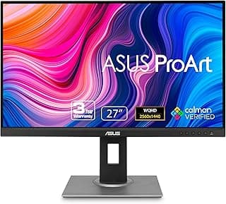 ASUS ProArt Display PA278QV 27” WQHD (2560 x 1440) Monitor, 100% sRGB/Rec. 709 ΔE < 2, IPS, DisplayPort HDMI DVI-D Mini DP, Calman Verified, Anti-glare, Tilt Pivot Swivel Height Adjustable, Black