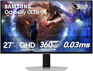 SAMSUNG 27” Odyssey OLED G6 (G60SD) Series Gaming Monitor with QHD & QD-OLED, 360Hz 0.03ms, AMD FreeSync Premium Pro, Anti-Glare, Sleek Design, Cooling System, 3 Year Warranty, LS27DG602SNXZA, 2024